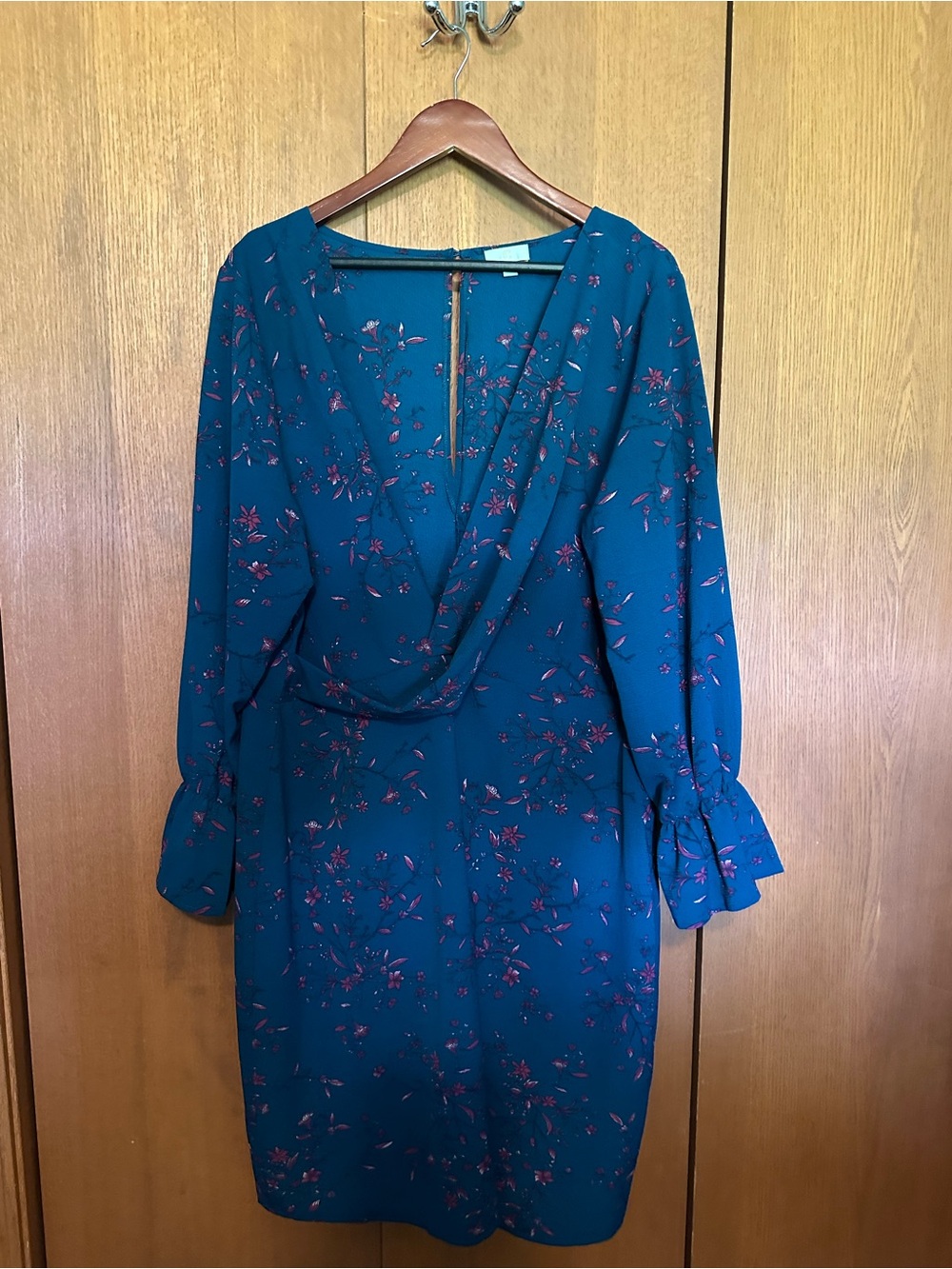 C Teal Floral Draped-Front Long Sleeve Dress